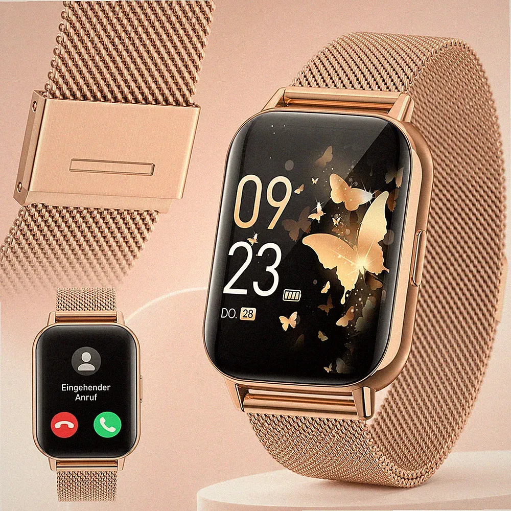 Smartwatch Damen mit Bluetooth Anruffunktion, Fitness Uhr, iOS & Android - Gold