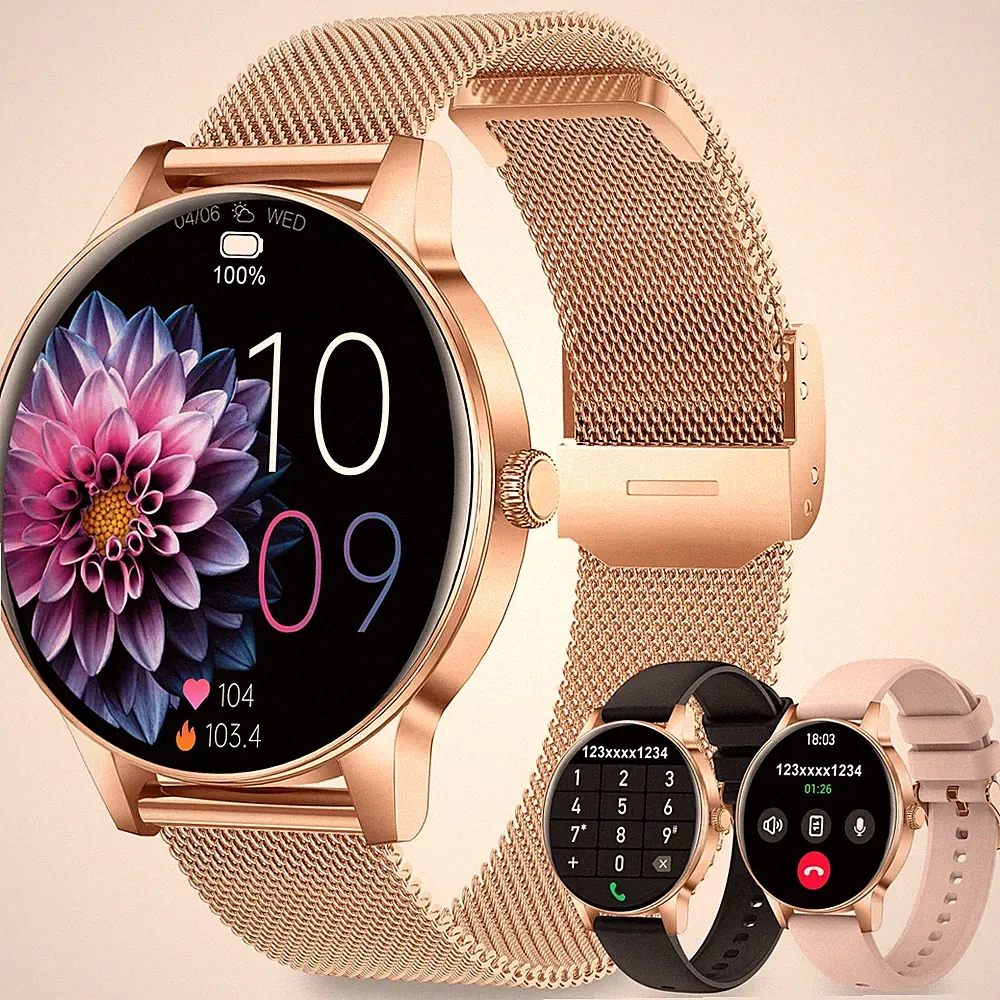 Smartwatch Damen mit Telefonfunktion, 1.27" HD Rund Roségold