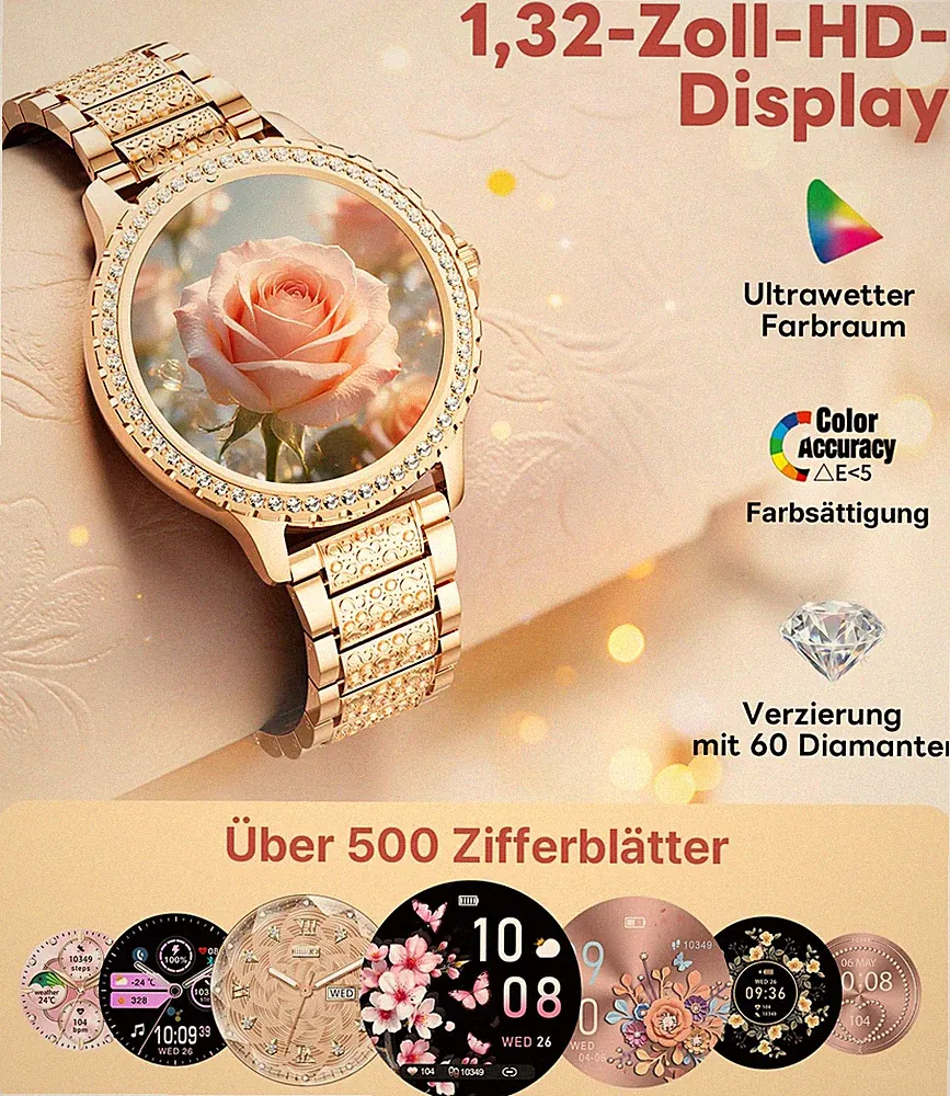 Smartwatch Damen mit Telefonfunktion, 1.32" Armbanduhr mit Diamanten, Fitness...