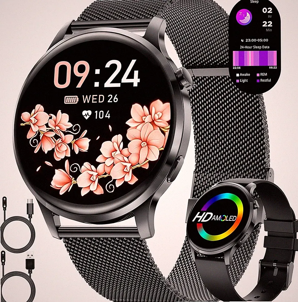 Smartwatch Damen Rund 1,32" AMOLED Dünn 7,9mm Fitnessuhr mit Herzfrequenz