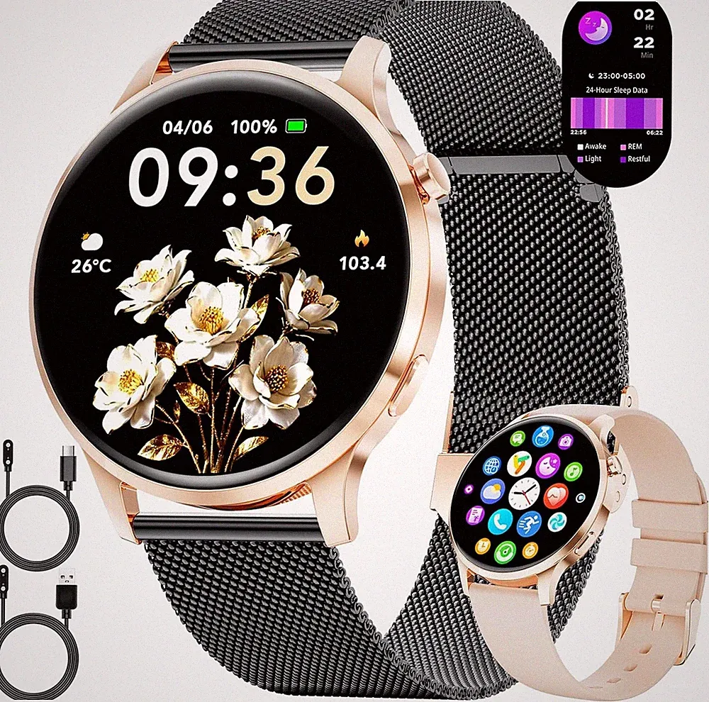 Smartwatch Damen Rund 1,32" AMOLED Telefonfunktion Fitnessuhr Schwarz-Gold