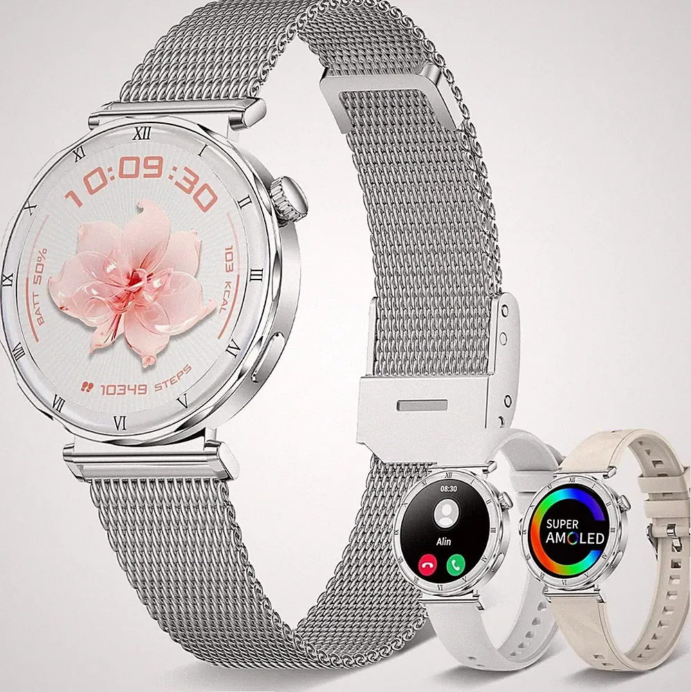 Smartwatch Damen Rund AMOLED 1,19" Fitnessuhr mit Telefonfunktion