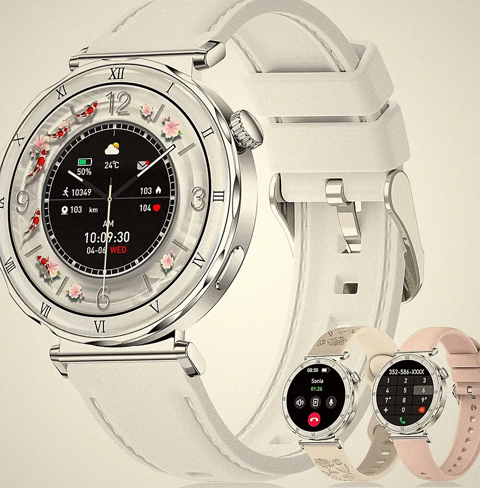Smartwatch Damen Rund AMOLED 1,19" Fitnessuhr mit Telefonfunktion IP68 Weiß