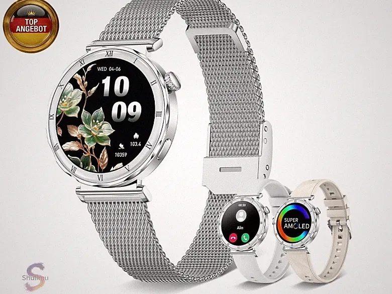 Smartwatch Damen Rund, AMOLED 1,19" Kleine Fitnessuhr mit Telefonfunktion