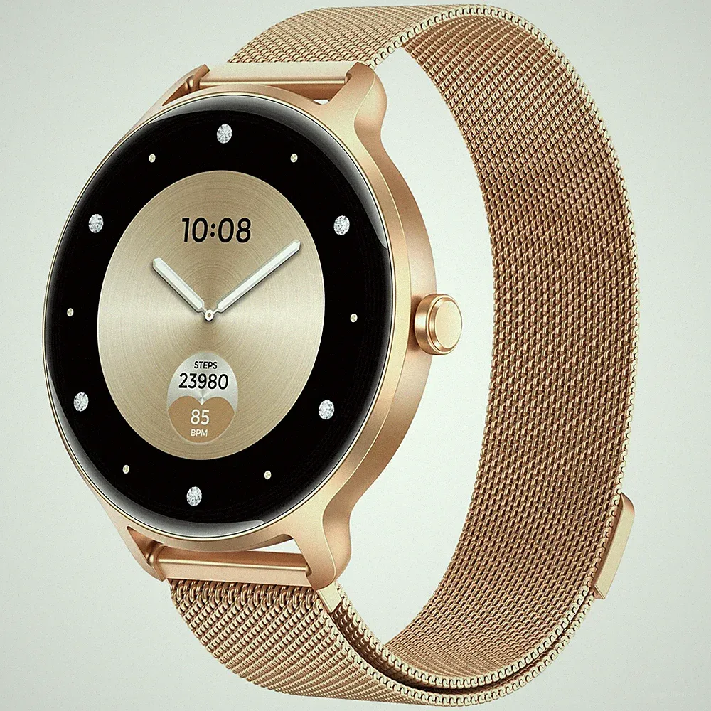Smartwatch Damen Rund AMOLED Fitnessuhr Pulsuhr Schlafmonitor 120 Sportmodi IP68
