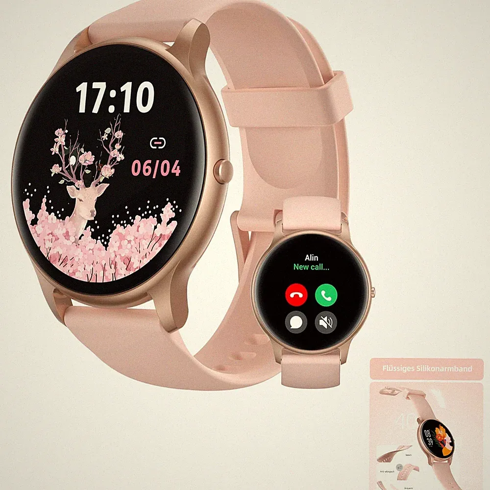 Smartwatch Damen Rund, Fitnessuhr, , Bluetooth, 100+ Sportmodi, Schlafmonitor...