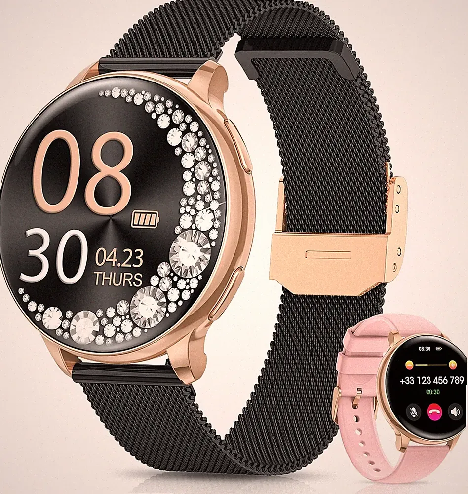 Smartwatch Damen Rund mit Telefonfunktion, 24H SpO2 Pulsuhr, Fitnessuhr
