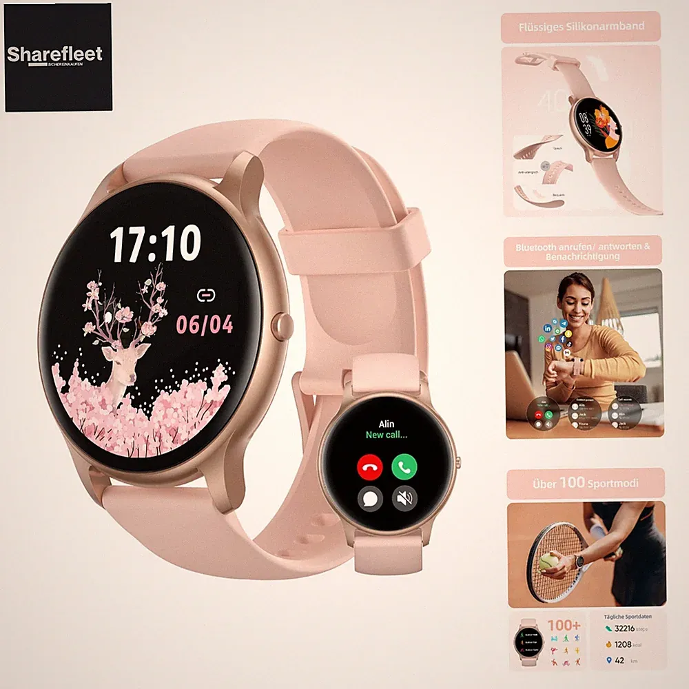 Smartwatch Damen Rund mit Telefonfunktion, Leichte Fitnessuhr Damen mit Schri...