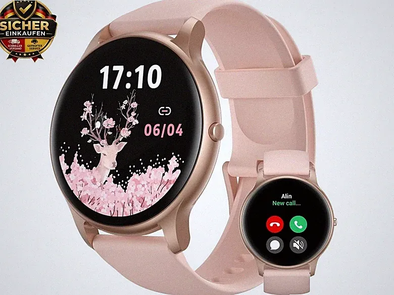 Smartwatch Damen Rund mit Telefonfunktion, Leichte Fitnessuhr Frauen mit