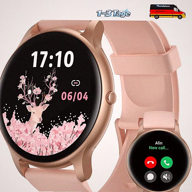 Smartwatch Damen Rund Roségold 100 Sportmodi Herzfrequenz Schl