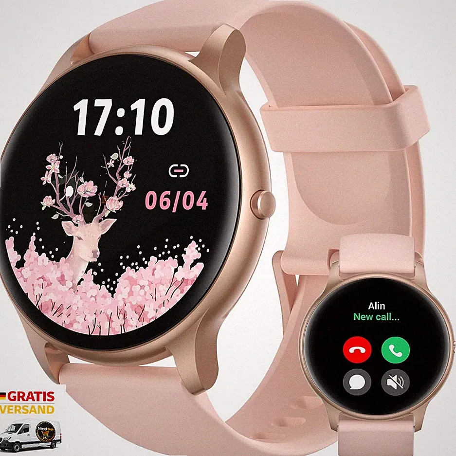Smartwatch Damen Rund Roségold 100 Sportmodi Herzfrequenz Schl