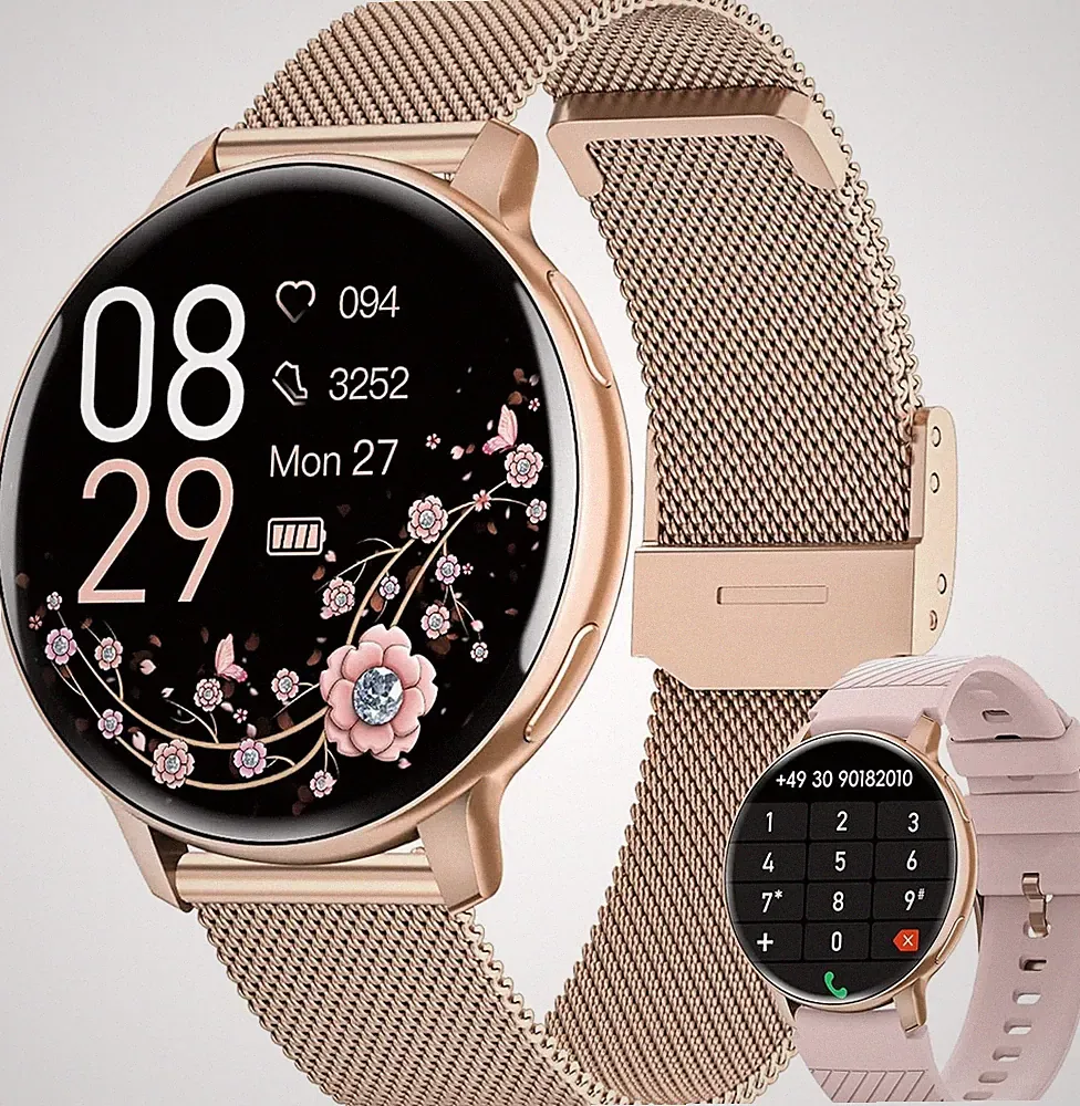 Smartwatch Damen Rund Roségold für iOS Android Fitness Uhr