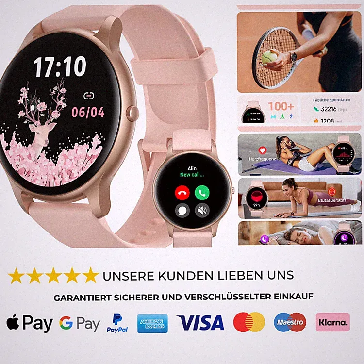 Smartwatch Damen Rund Roségold Schrittzähler 100 Sportmodi Herz