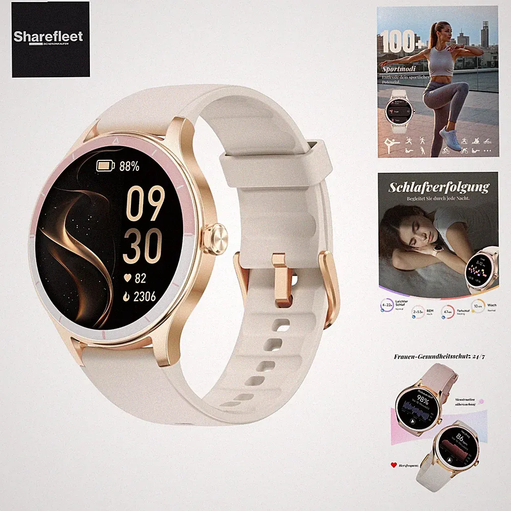 Smartwatch Damen Rund, Schrittzähler & Fitness Uhr für Laufen/Alltag, 100+ Sp...
