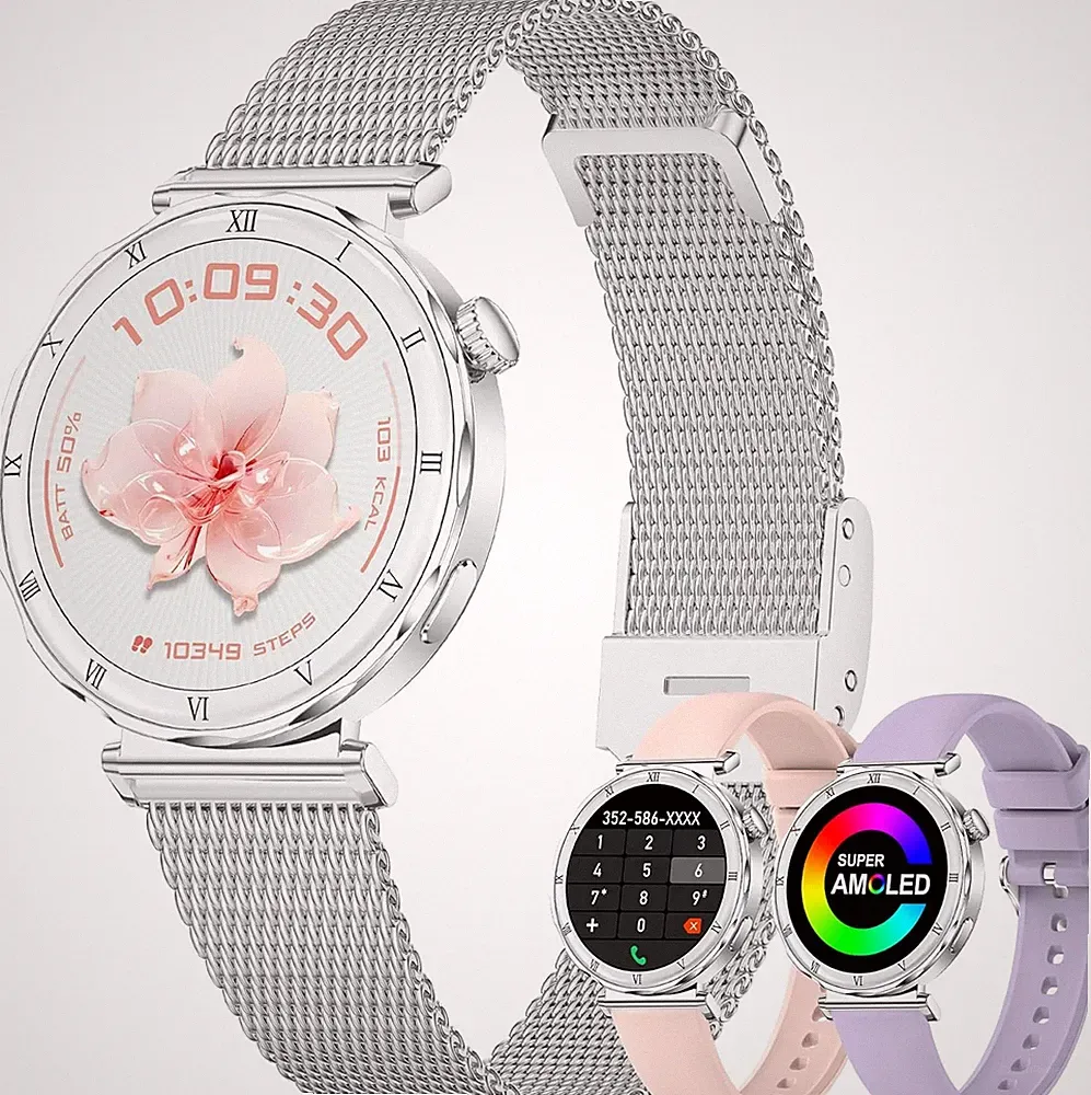 Smartwatch Damen Silber 1,27 Zoll AMOLED Schrittzähler Pul