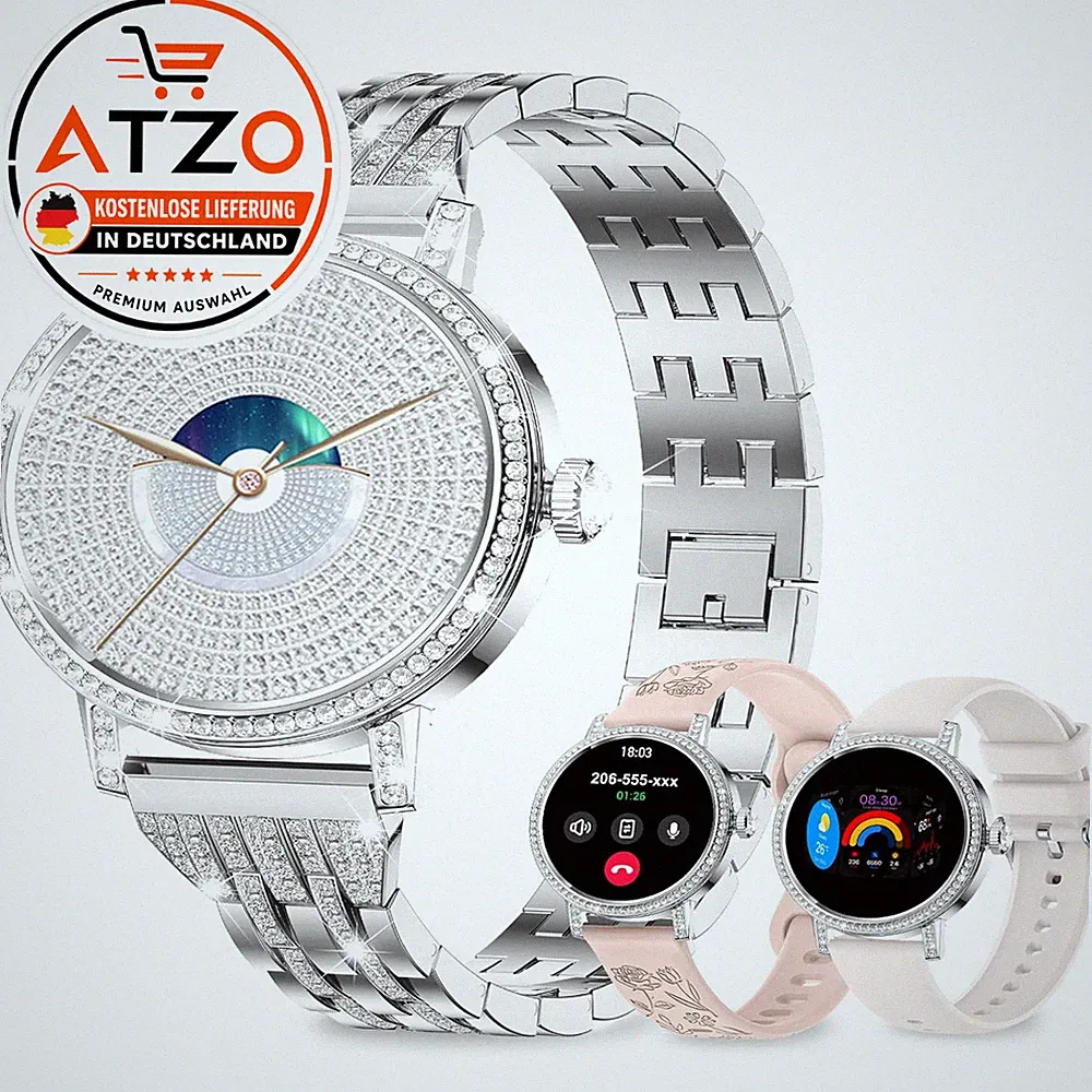 Smartwatch Damen Silber Diamant 1,27 Zoll Bluetooth Anruf 3 Armbänder