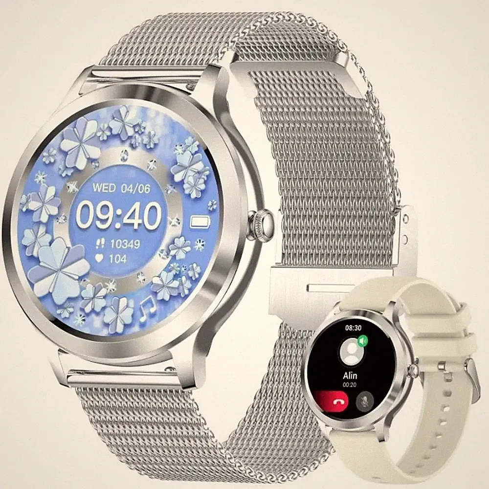 Smartwatch Damen Silber Rund Telefonfunktion Fitnessuhr Herzfrequenz Android