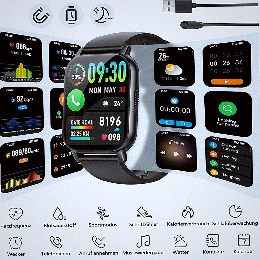 Smartwatch Fitnessuhr Uhr Gesundheitsuhr Wasserdicht Bluetooth HD Für Sport