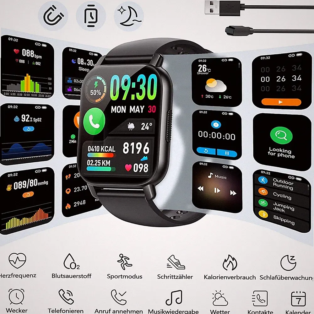 Smartwatch Fitnessuhr Uhr Gesundheitsuhr Wasserdicht Bluetooth HD Für Sport
