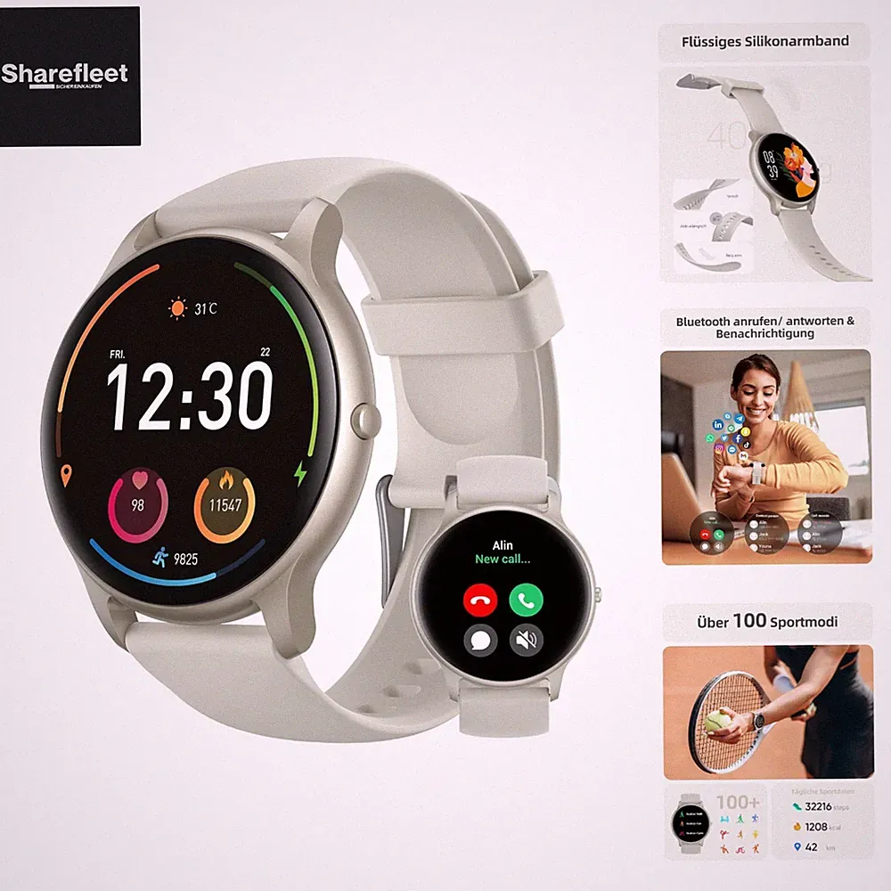 Smartwatch für Damen Herren mit Bluetooth-Anrufe, Leichte Sportuhr Round mit...