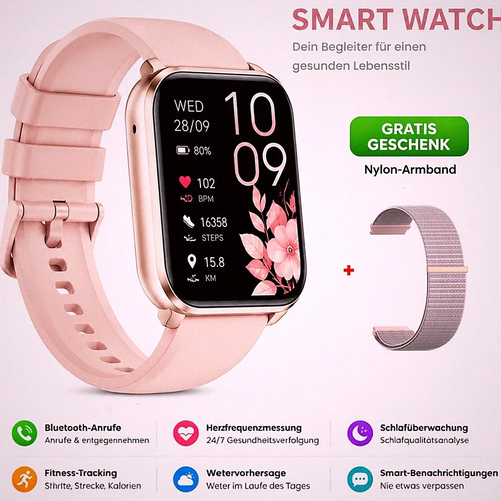 Smartwatch für Damen mit Bluetooth Anrufen, Pulsmesser, Blutdruckmessung Rosa