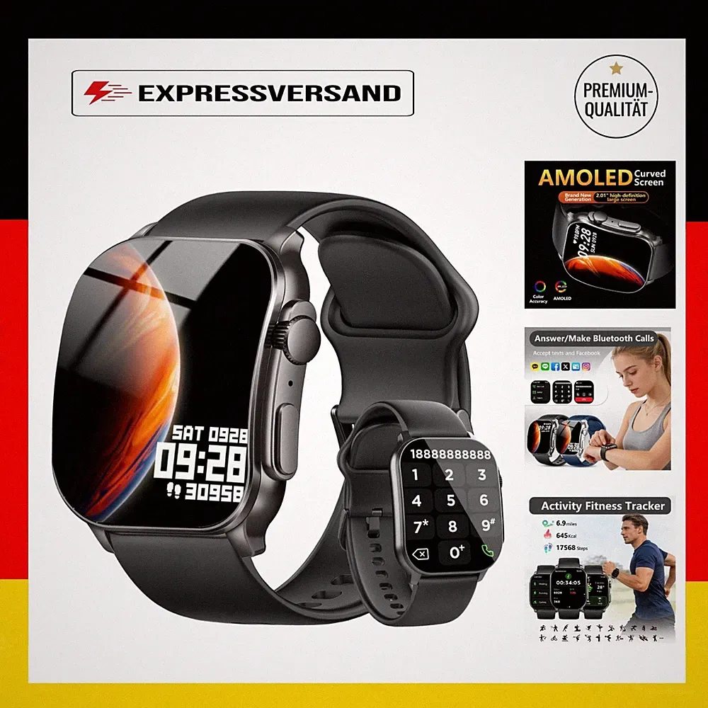 Smartwatch für Damen und Herren, 2.01" AMOLED, Bluetooth, IP68
