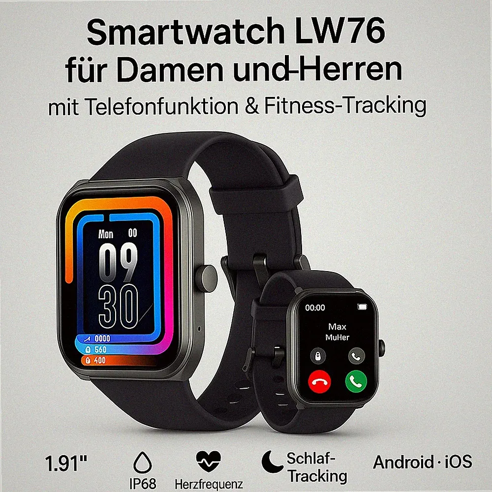 Smartwatch für Damen und Herren mit Telefonfunktion – 1,91" Wasserdicht LW76