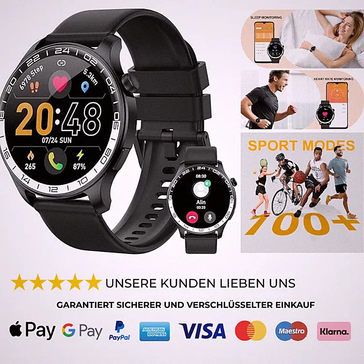 Smartwatch Herren 1,43 Zoll AMOLED Touchscreen 120 Sportmodi IP