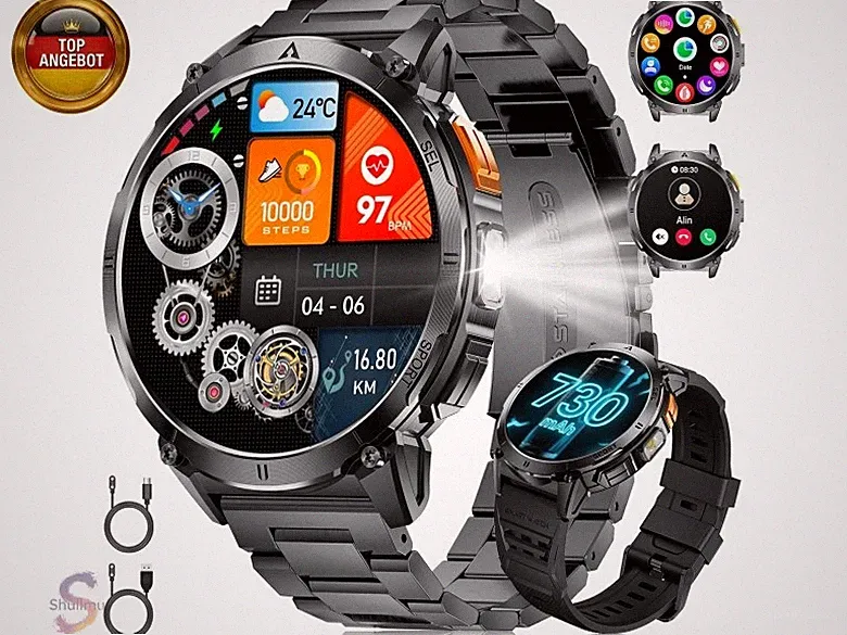 Smartwatch Herren 1,62''AMOLED Touchscreen mit Taschenlampe,IP68