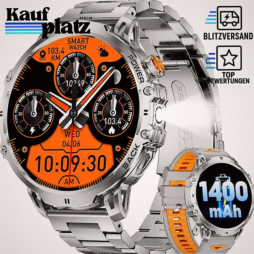 Smartwatch Herren 1,85" HD Touchscreen 1400 mAh IP68 wasserdicht 110+ Sportmodi