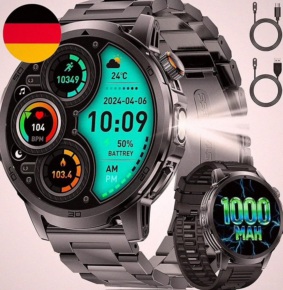 Smartwatch Herren, 1,85 Zoll Großes Display, Bluetooth-Anrufe, 1000-Mah-Akku, Le
