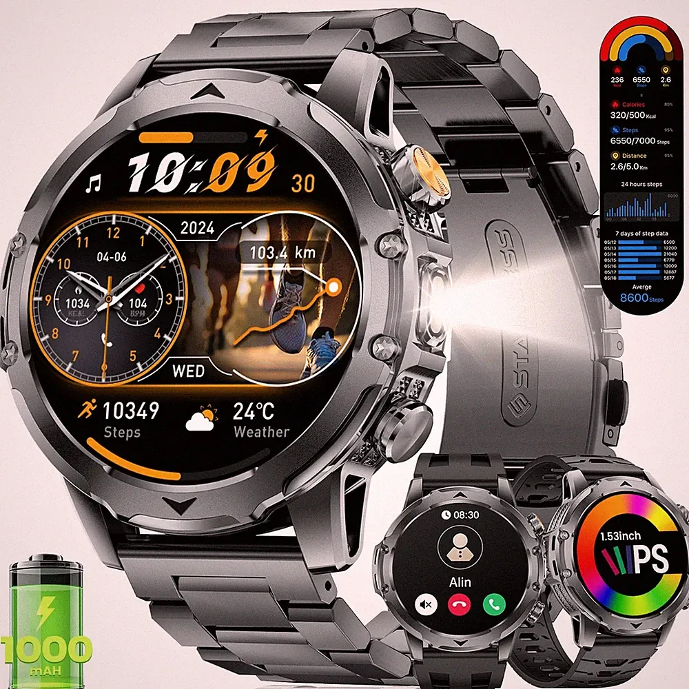 Smartwatch Herren, 1000mAh 1,53" HD LEDLampe IP68 120+ Sportmodi