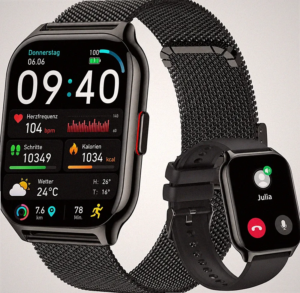Smartwatch Herren 2 Zoll, Anruffunktion, Fitness für Samsung & iPhone - Schwarz