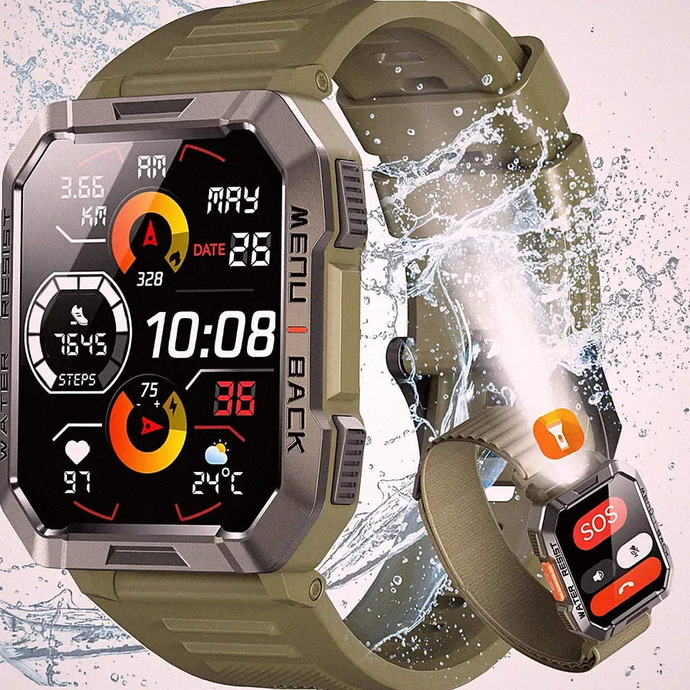 Smartwatch Herren 900mAh| Bluetooth-Anrufe Fitnessuhr | LED-Taschenlampe,Kompass