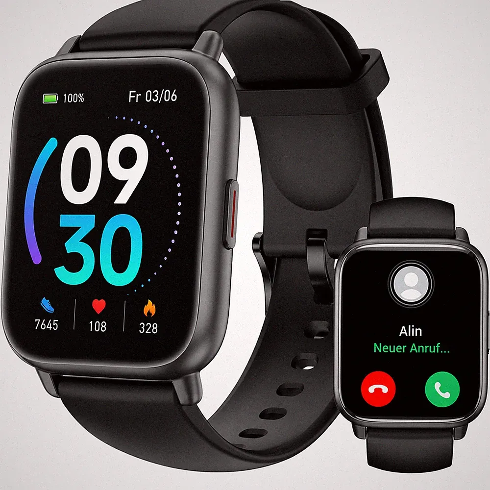 Smartwatch Herren Anruffunktion Fitnessuhr Sportuhr für iPhone & Samsung Schwarz