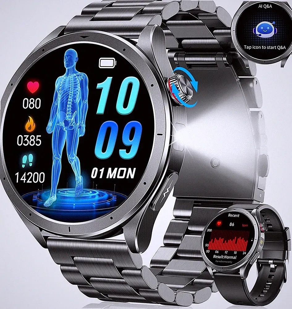 Smartwatch Herren Bluetooth WasserdichtEKG HRV Blutdruck AI-GPT LED-Taschenlampe