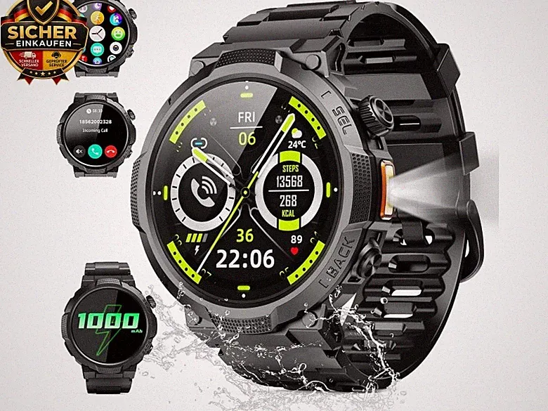Smartwatch Herren Damen, 1.53" HD 1000mAh Militär Smart Watch mit