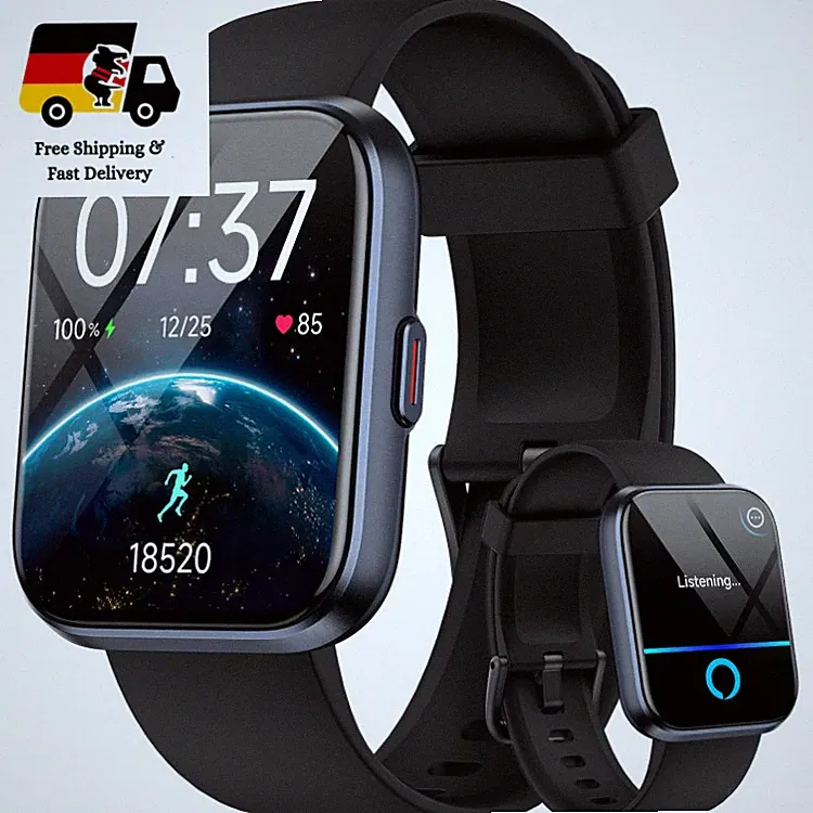 Smartwatch Herren Damen 1,85" mit Fitness Tracker, 10 Tage Akku, 3ATM Schwarz