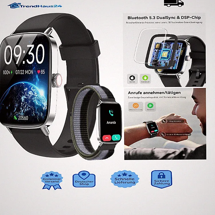 Smartwatch Herren Damen 1.85 Zoll Fitnessuhr Pulsuhr Schlafmonitor
