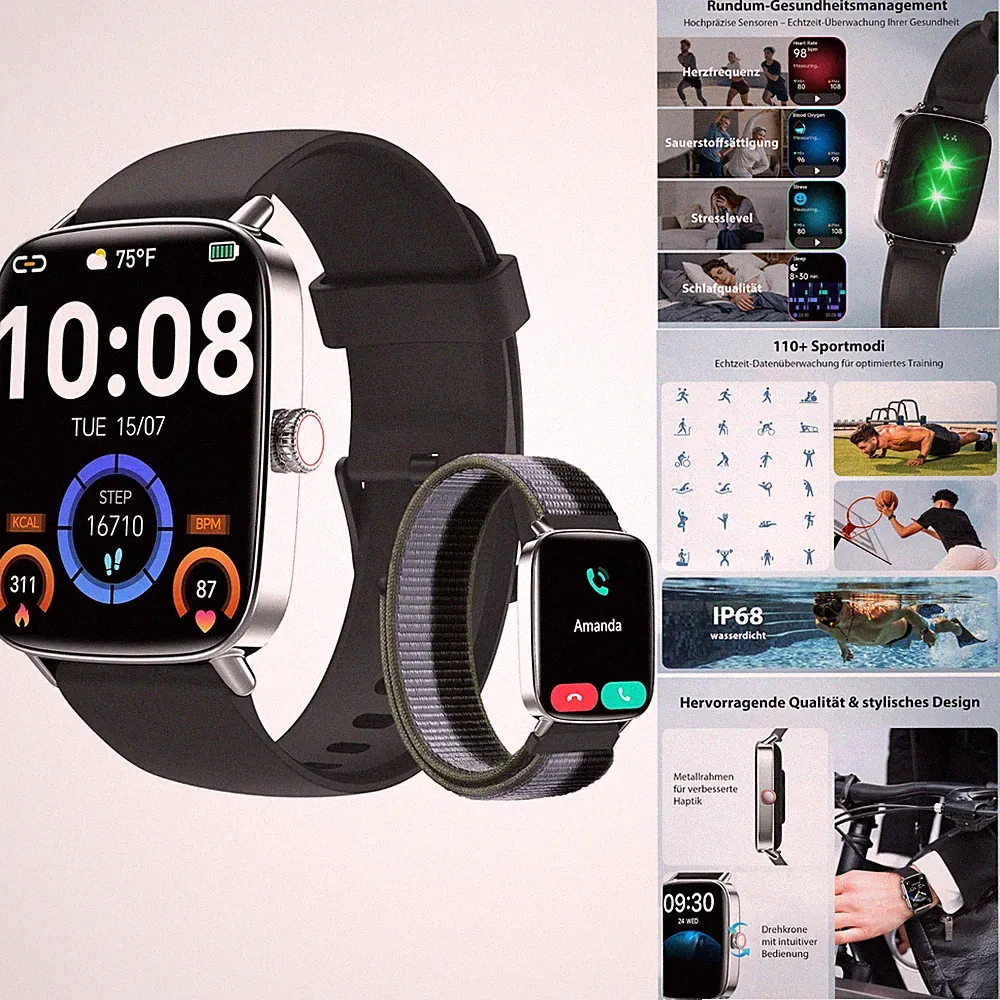 Smartwatch Herren Damen 185 Zoll Bluetooth Anruf Fitnessuhr