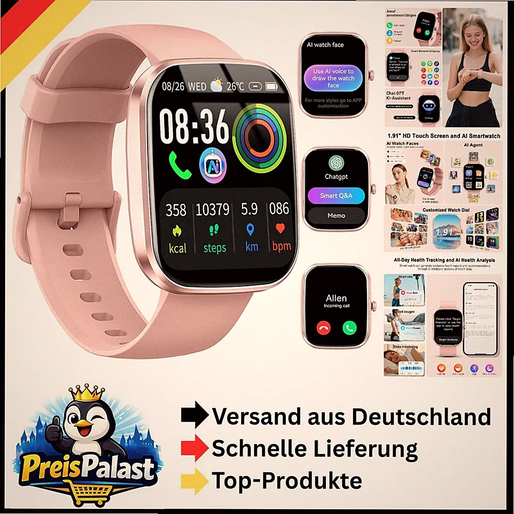 Smartwatch Herren Damen 1913 Sportuhr Bluetooth Anruf AI Fitness