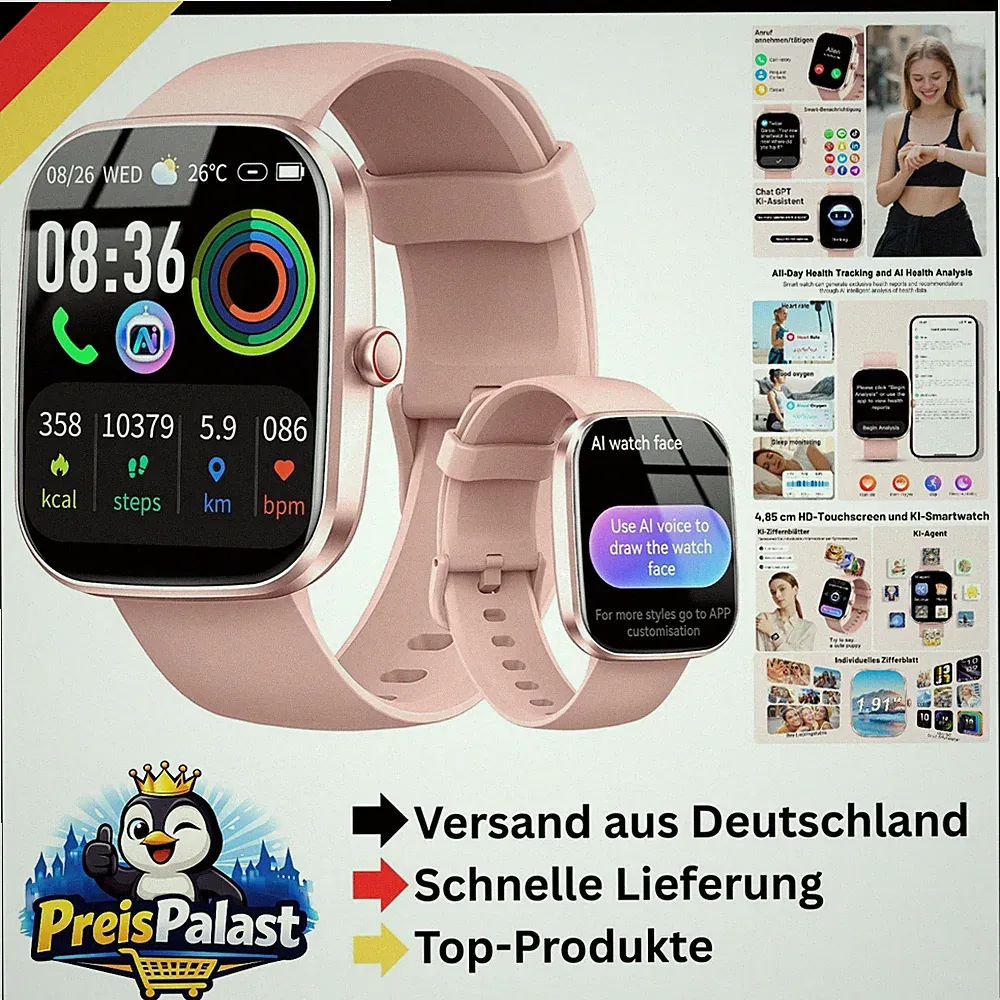 Smartwatch Herren Damen Bluetooth Fitness Tracker mit AI Gesundheitsanalyse