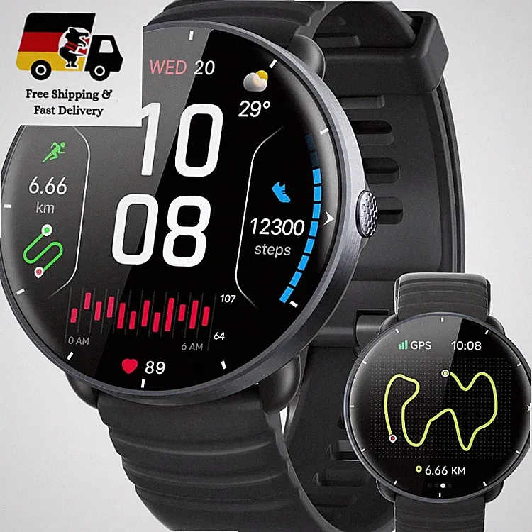 Smartwatch Herren Damen GPS 5 ATM Wasserdicht Fitness AMOLED 100 Sportmodi
