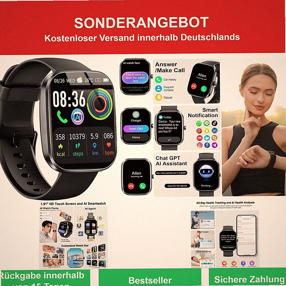 Smartwatch Herren Damen mit ChatGPT-AI, 1.91" Fitness Tracker Schwarz