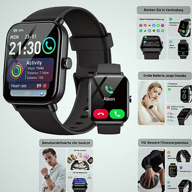 Smartwatch Herren Damen mit Telefonfunktion 1,8 Zoll Fitnessuhr Wasserd