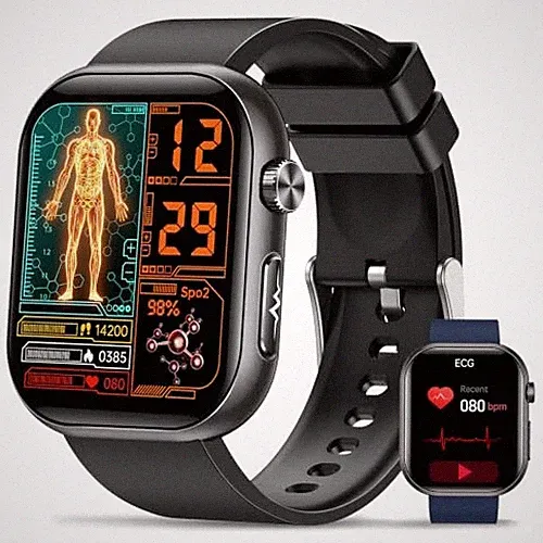 Smartwatch Herren EKG HRV AMOLED 1,96" Puls SpO2 Blutdruck Fitnessuhr Schwarz