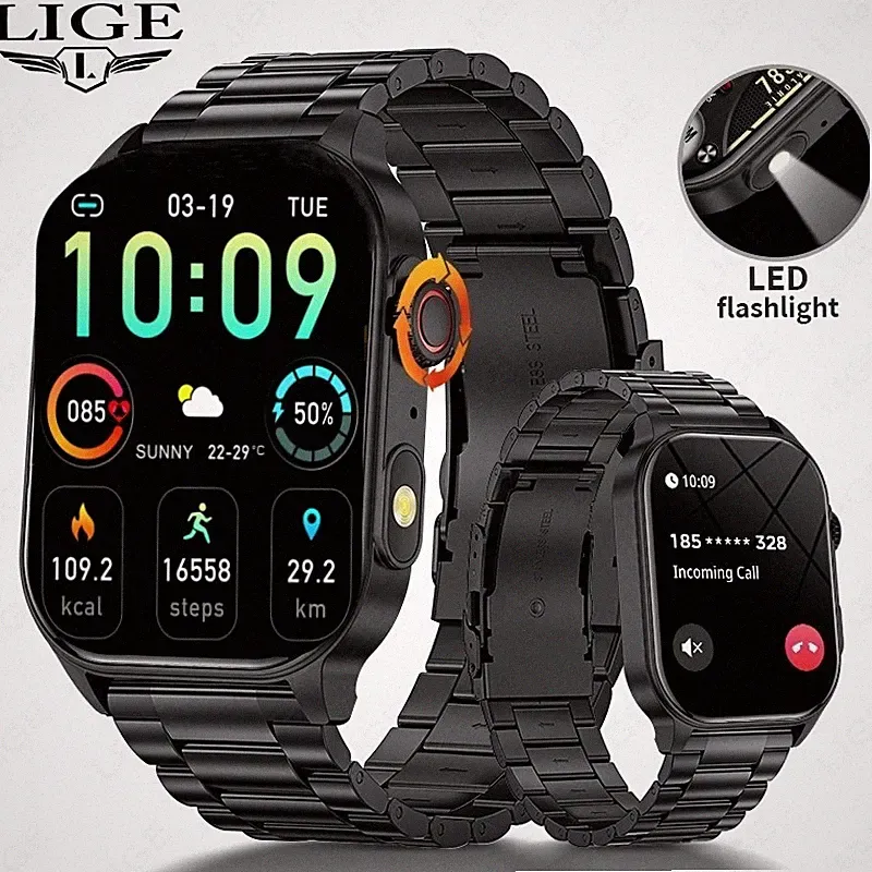 Smartwatch Herren Fitness Herzfrequenz Wasserdicht Anruf Armbanduhr Taschenlampe