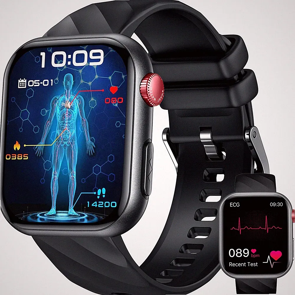 Smartwatch Herren Gesundheitsuhr EKG HRV Blutdruck AMOLED Touch Schwarz 1,97