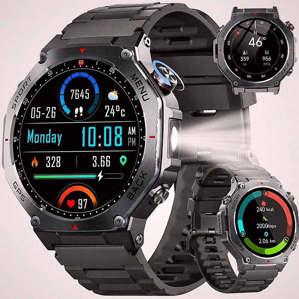 Smartwatch Herren GPS,1.43"AMOLED Militär Fitnessuhr mit Bluetooth Anrufe