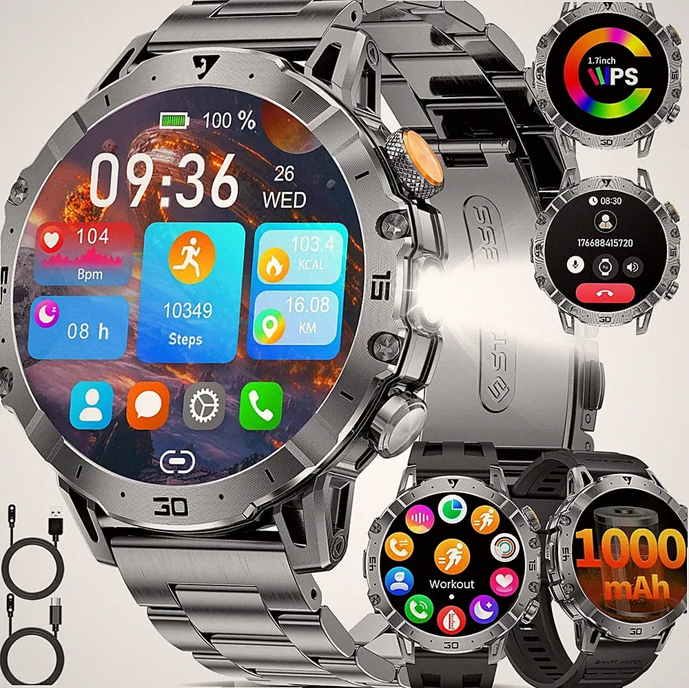 Smartwatch Herren Militär 1,7” HD Großes Display mit Telefonfunktion iOS Android